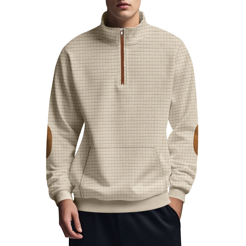 Herren nan gestepptes Halfzip-Sweatshirt mit Stehkragen, Kängurutasche und Kunstleder-Ellenbogenpatches Drune