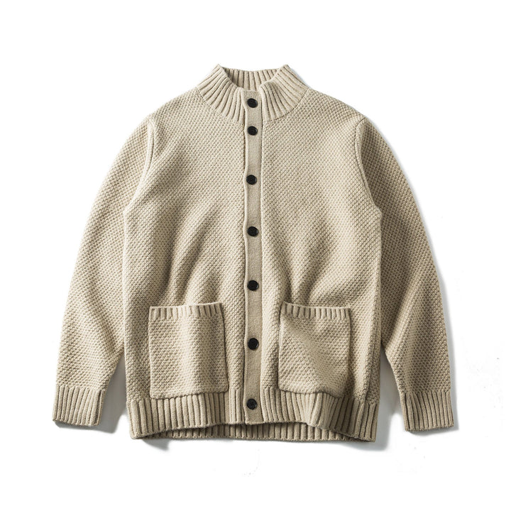Damen Grobstrick-Cardigan mit hohem Rippkragen, Knopfleiste und aufgesetzten Taschen Drune
