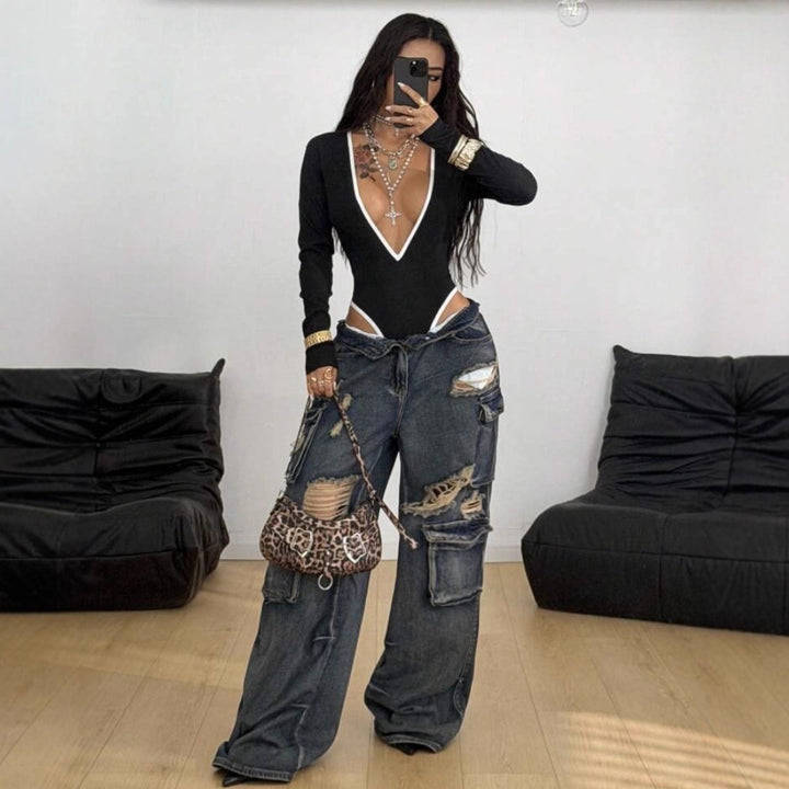 Damen Bodysuit mit tiefem V-Ausschnitt und eleganten Kontrastnähten Drune
