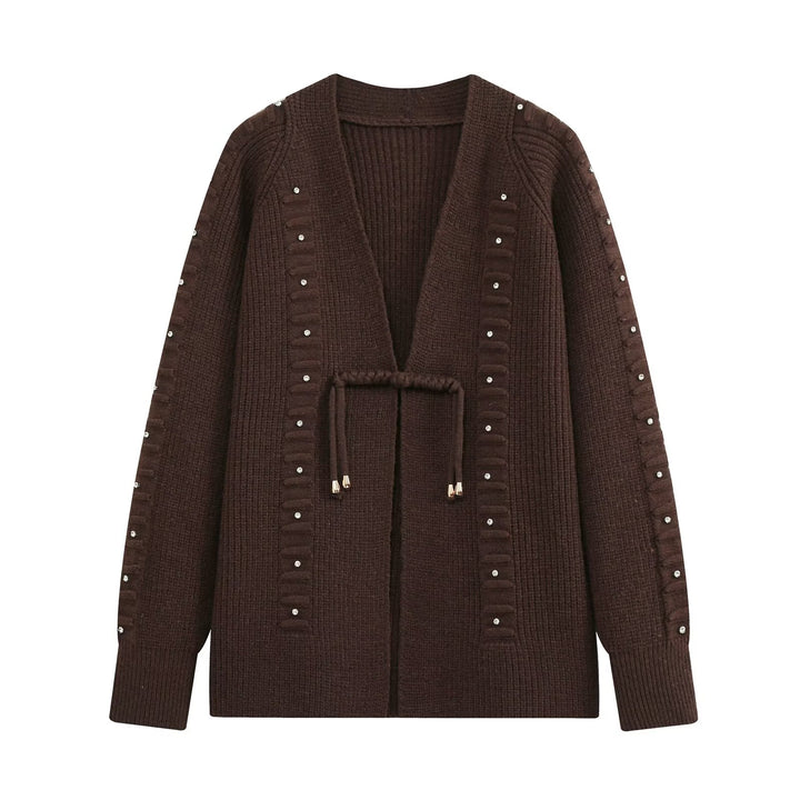 Damen Grobgestrickter Longcardigan mit Ziersteinen und Kordelbindung Drune