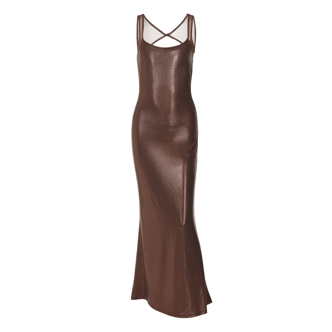 Damen Elegantes Maxikleid mit verführerischem Kreuzträger und schimmerndem Obermaterial Drune