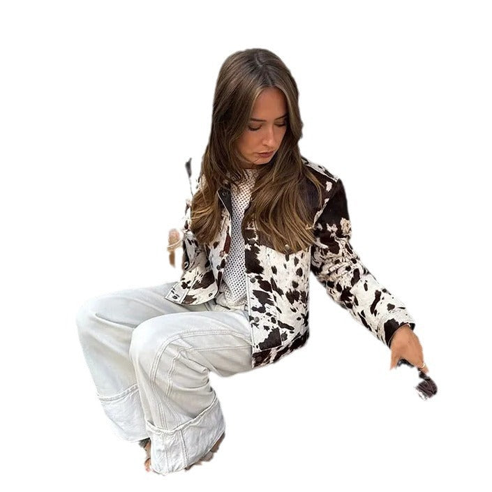 Damen Kurz geschnittene Western‑inspiriere Jacke mit Kuhflecken‑Felloptik und Brusttaschen Drune