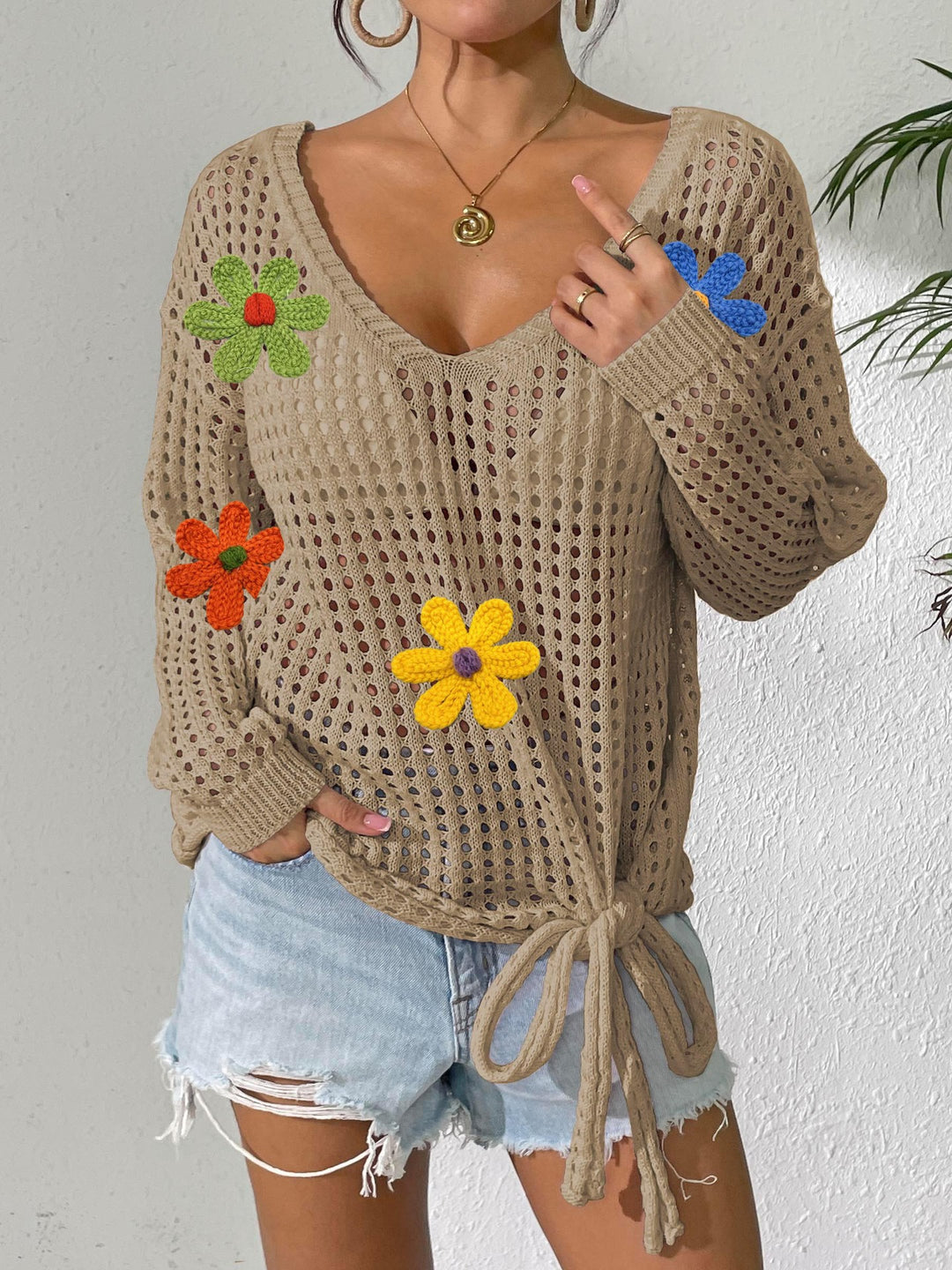 Damen Häkeloberteil mit Blumenapplikationen Drune
