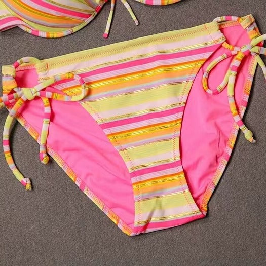 Damen Gestreifter Push-Up-Bikini mit Rüschendetails Drune