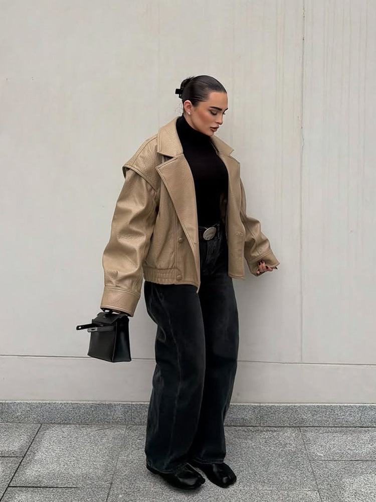 Damen Oversize-Lederimitat-Bomberjacke mit Boxy-Schnitt und weitem Revers Drune