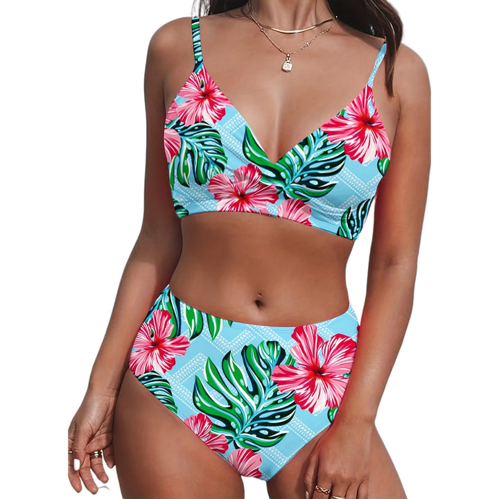 Damen Hochgeschnittener Bikini mit tropischem Muster Drune