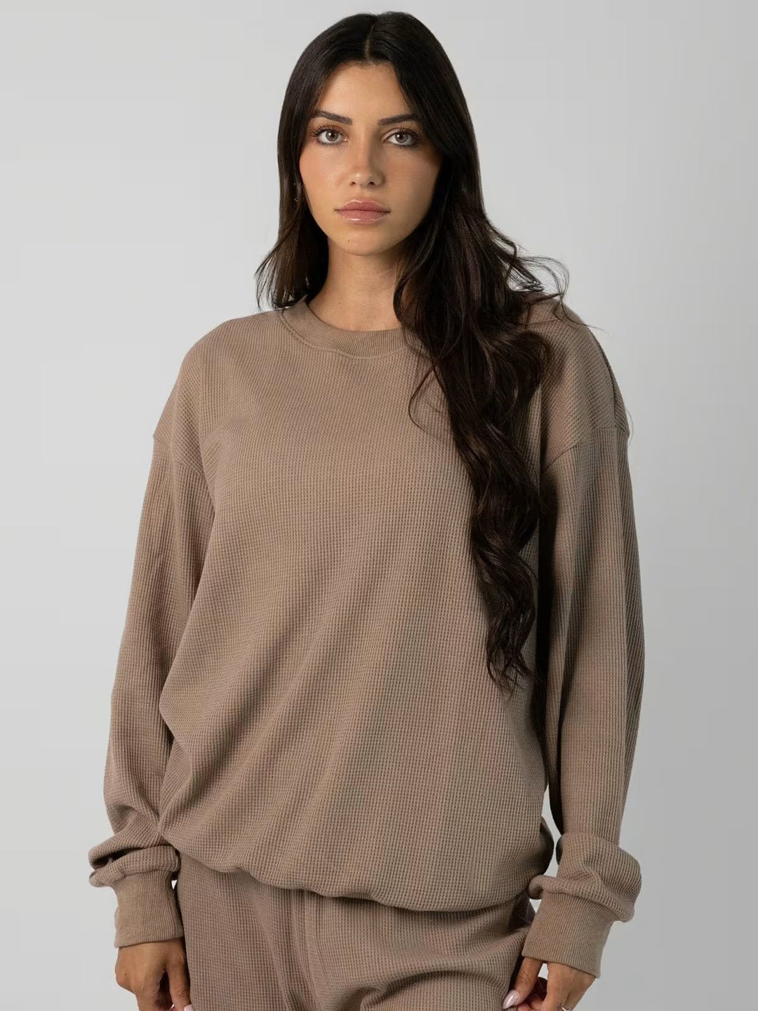 Damen geräumiges Waffelstrick-Loungewear-Set mit Rundhalsausschnitt und Tunnelzughose Drune
