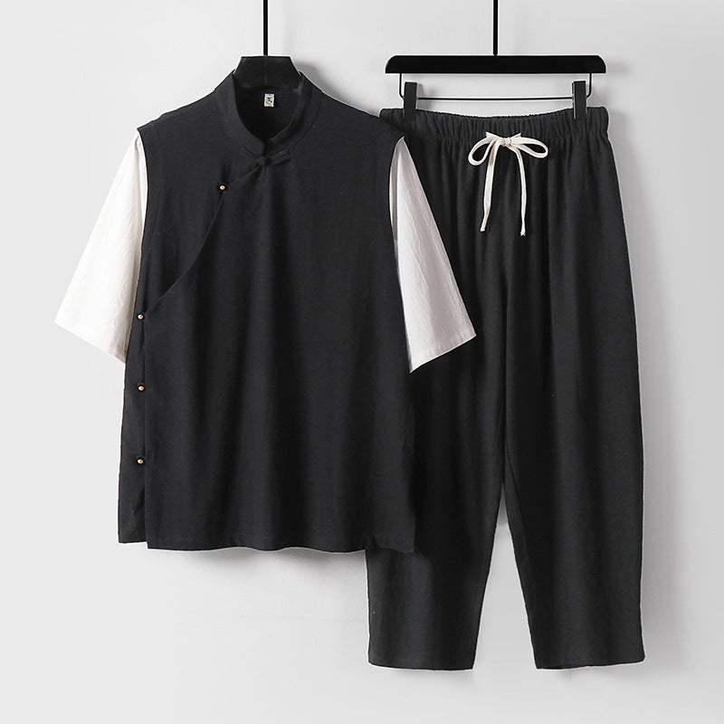 Herren Asymmetrisches Kimono-Loungewear-Set mit Stehkragen und Kordelhose Drune