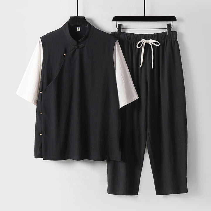 Herren Asymmetrisches Kimono-Loungewear-Set mit Stehkragen und Kordelhose Drune