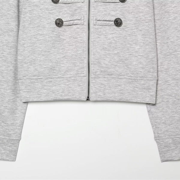 Damen Cropped Sweatjacke im Military-Look mit Stehkragen und Zierknopfreihe Drune