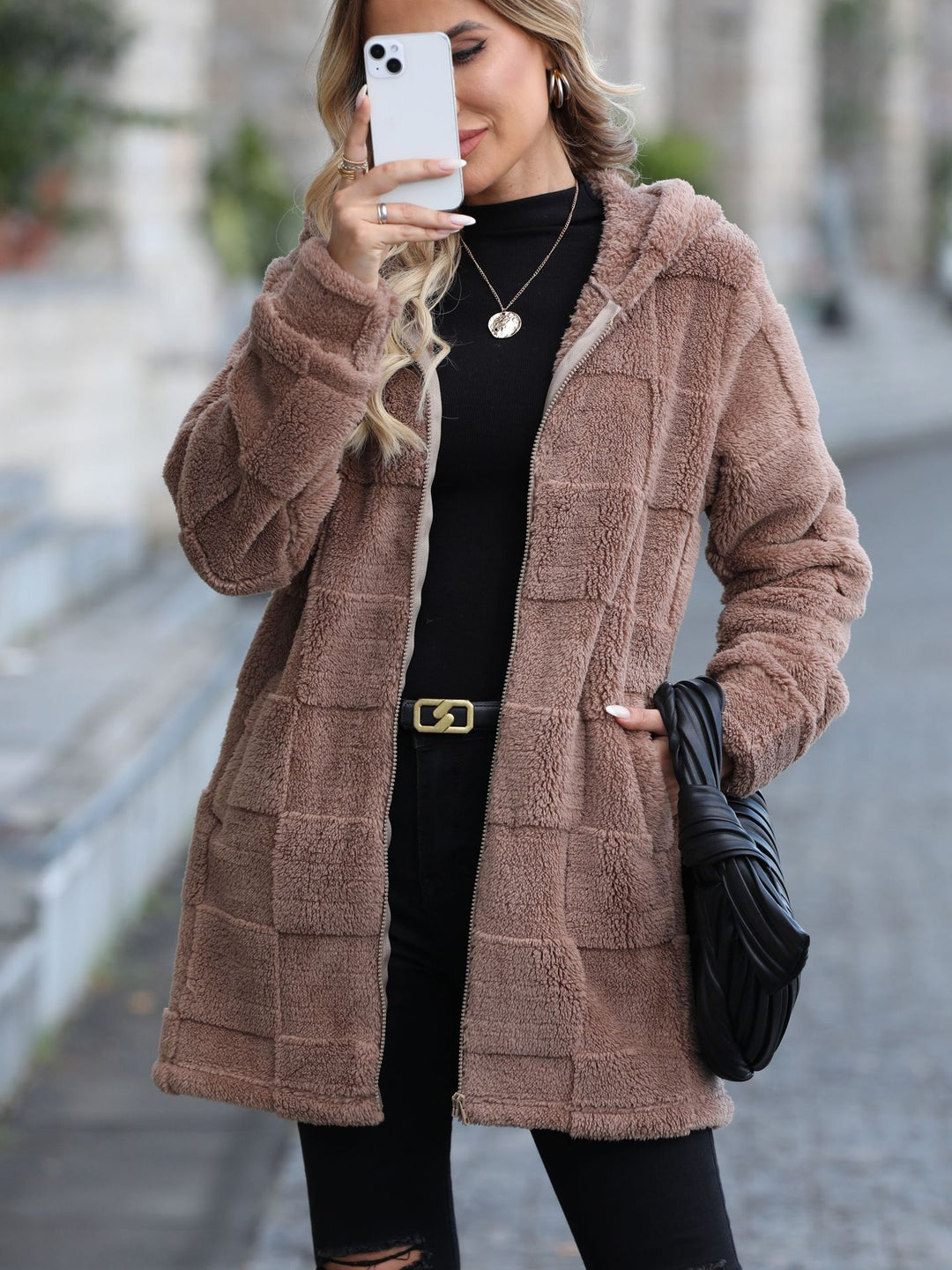 Damen Plüsch-Hoodiejacke mit reißfestem Reißverschluss und praktischen Taschen Drune