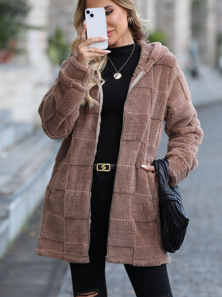 Damen Plüsch-Hoodiejacke mit reißfestem Reißverschluss und praktischen Taschen Drune