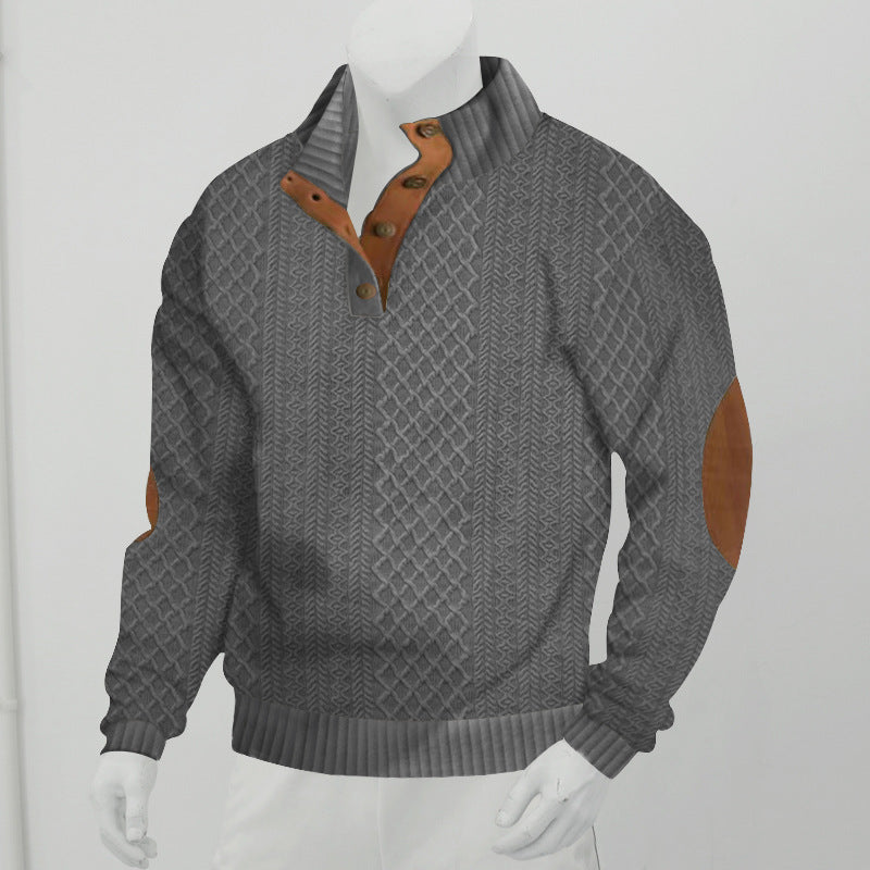 Herren Strukturiertes Zopfmuster-Henley-Pullover mit Lederbesatz an Ellbogen & Knopfleiste Drune