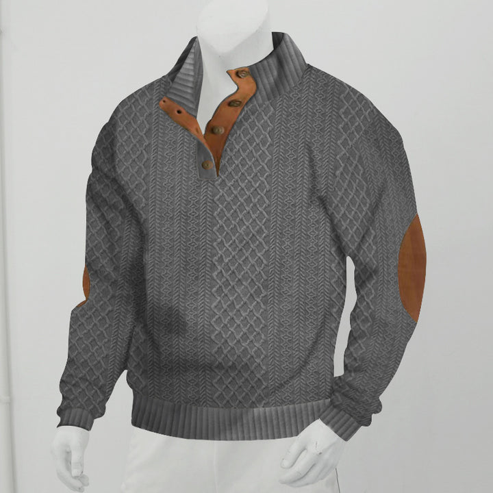 Herren Strukturiertes Zopfmuster-Henley-Pullover mit Lederbesatz an Ellbogen & Knopfleiste Drune
