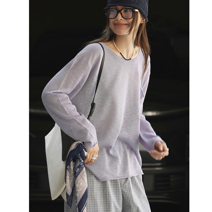 Damen Weites leichtes Feinstrick-Longsleeve mit Brusttasche und Rundhalsausschnitt Drune