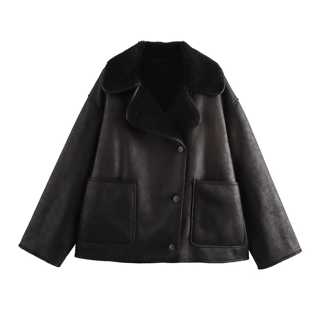 Damen Kurz geschnittener Oversized Lammfellimitat-Mantel mit Teddy-Kragen Drune