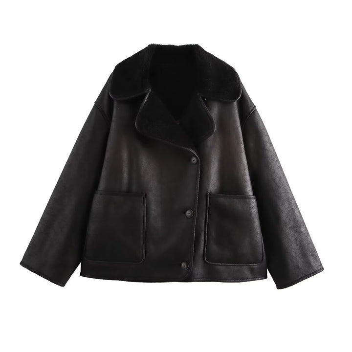 Damen Kurz geschnittener Oversized Lammfellimitat-Mantel mit Teddy-Kragen Drune