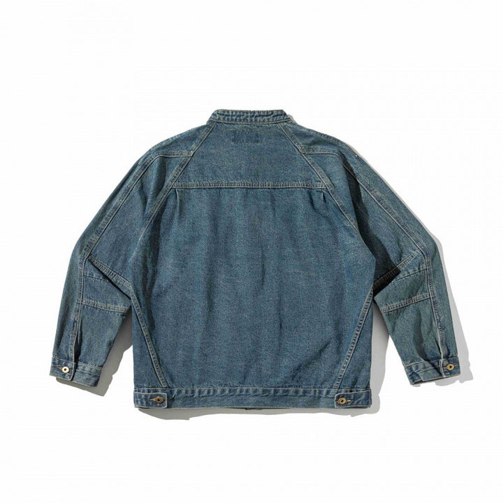 Unisex Boxige Denim‑Hemdjacke im Worker‑Look mit Stehkragen, Raglanärmeln und Brust‑Welttasche Drune