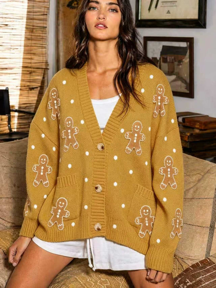Damen nan oversized Strickcardigan mit Lebkuchenstickerei und tiefem V-Ausschnitt Drune