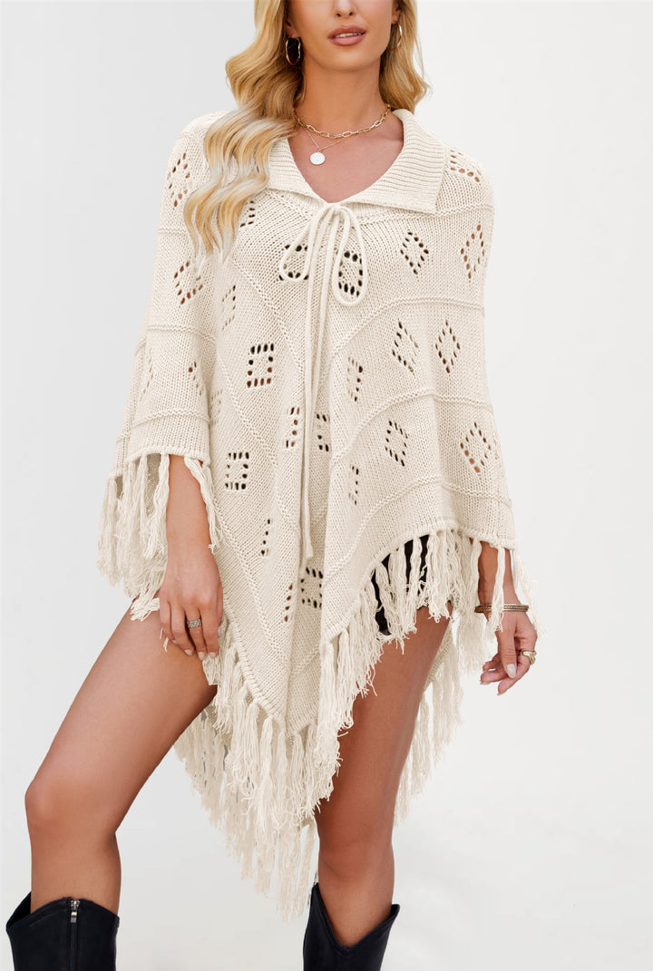 Damen Eleganter Strickponcho mit Fransen und Lochmuster Drune