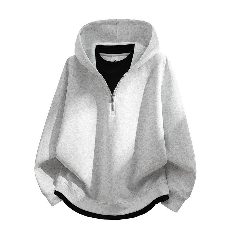 Unisex Oversize-Halbzip-Kapuzenpullover mit Lagen‑Optik, gerundetem Saum & gerippten Bündchen Drune