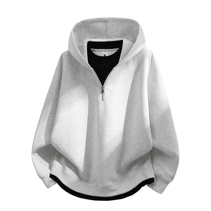 Unisex Oversize-Halbzip-Kapuzenpullover mit Lagen‑Optik, gerundetem Saum & gerippten Bündchen Drune