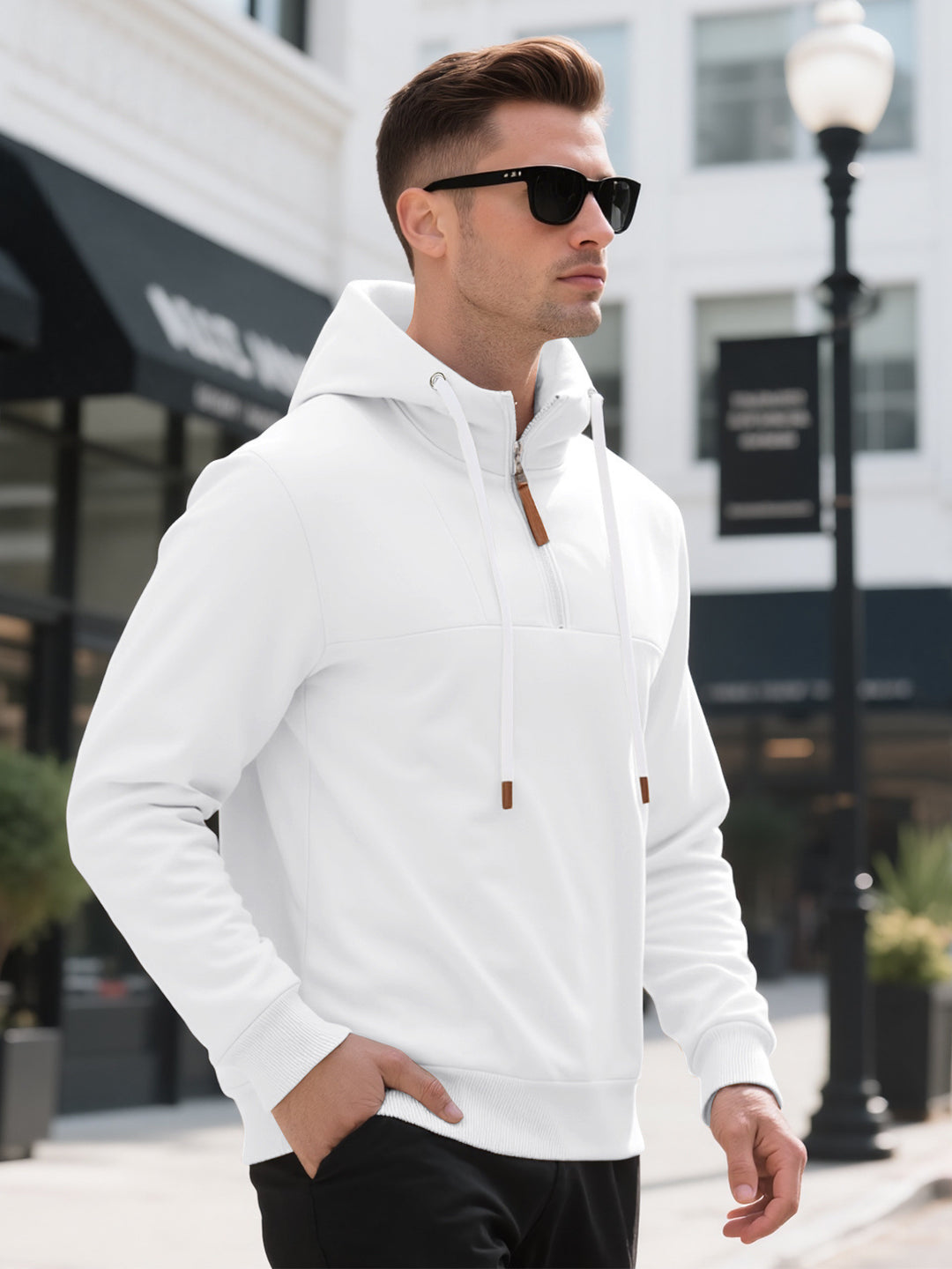 Herren Halbzip-Kapuzenpullover mit Stehkragen, Kordelzug und Lederdetails Drune