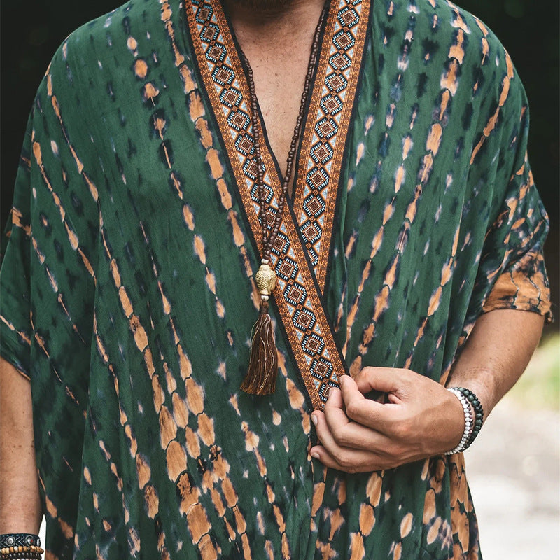 Herren Langer Batik-Kimono aus leichter Viskose mit Ornamentbesatz Drune
