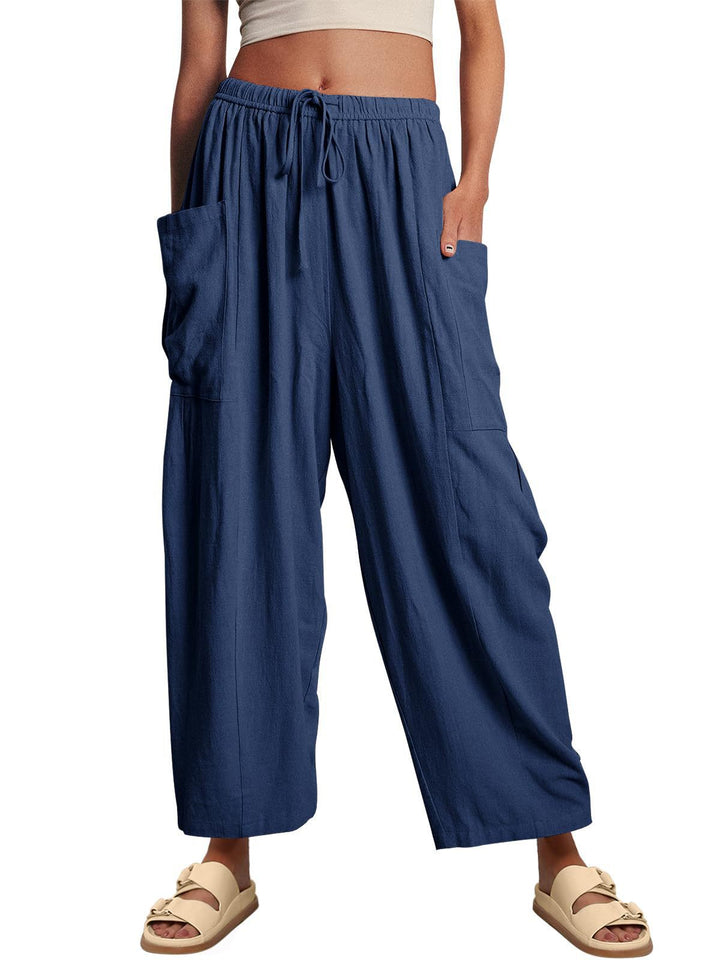 Damen nan weite Palazzohose aus leichtem Leinenmix mit Tunnelzug und seitlicher Tasche Drune