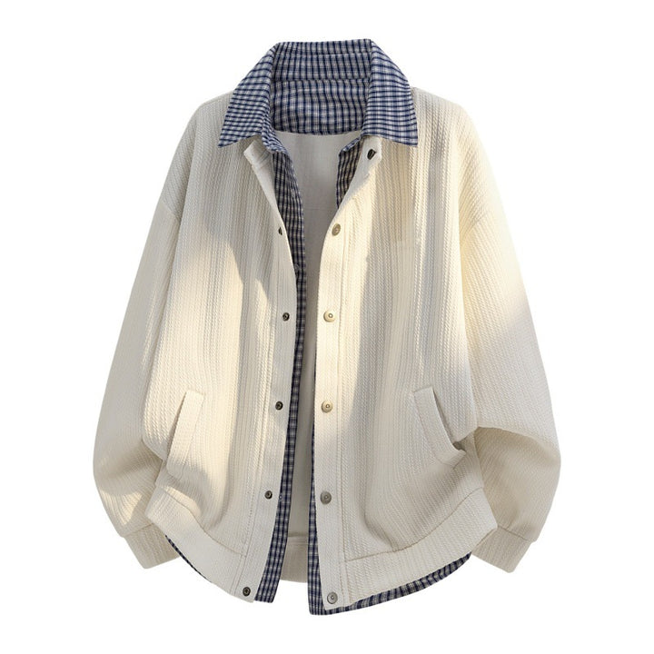 Herren lässige Strick-Überhemdjacke mit kariertem Hemdkragen und Druckknopfblende Drune