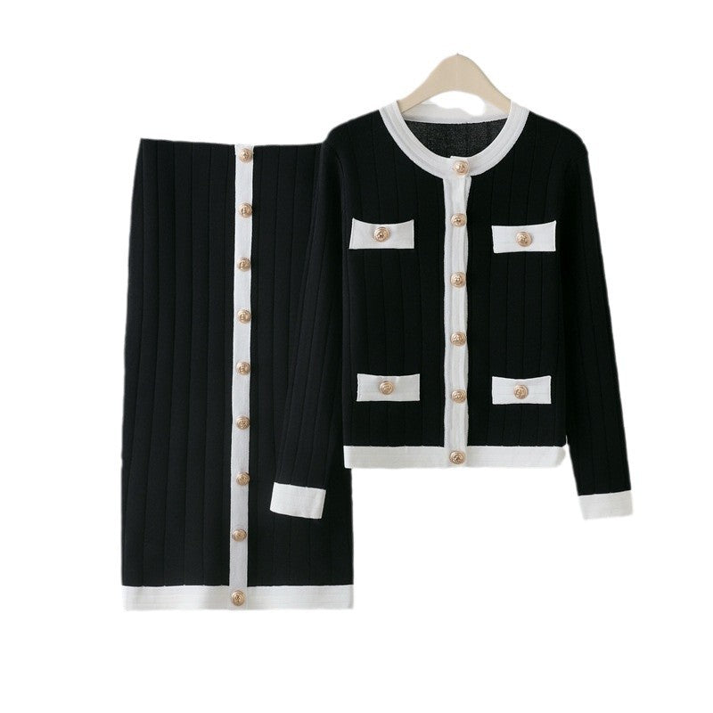 Damen stylisches Strickensemble mit dekorativen Knöpfen und Taschen Drune