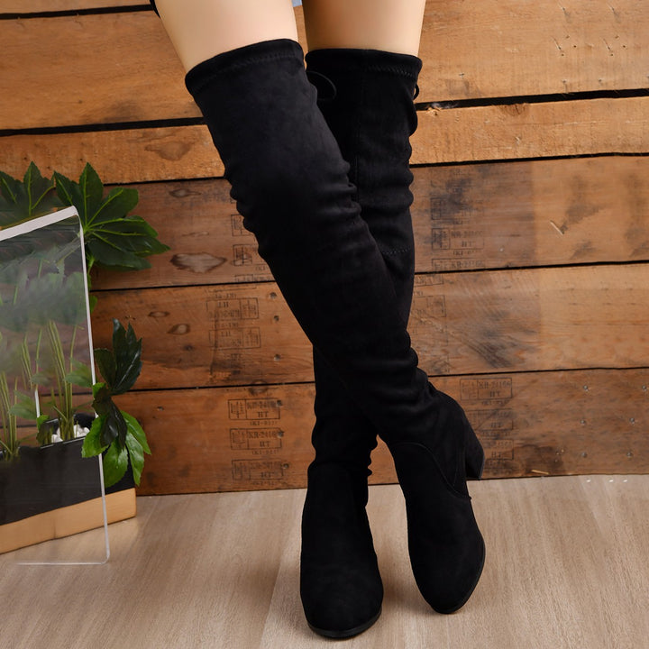 Damen Stretch Overknee Stiefel mit elastischem Schaft und mittlerem Blockabsatz Drune