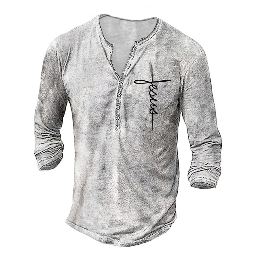 Herren Langarm Henley-Shirt mit kreativem Grafikdruck Drune