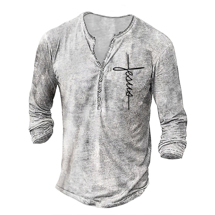Herren Langarm Henley-Shirt mit kreativem Grafikdruck Drune