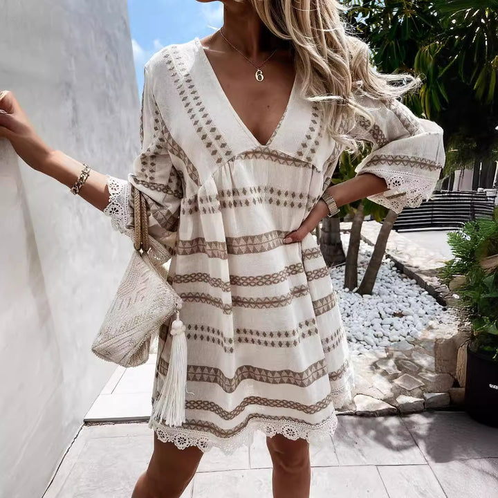 Damen lockeres Boho-Kleid mit Spitze und grafischem Muster Drune