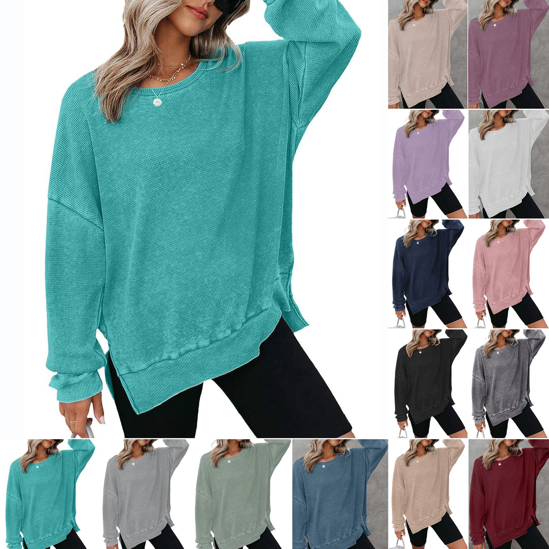 Damen Lässiger Waffelpullover mit modernen Seitenschlitzen Drune