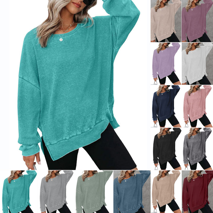 Damen Lässiger Waffelpullover mit modernen Seitenschlitzen Drune