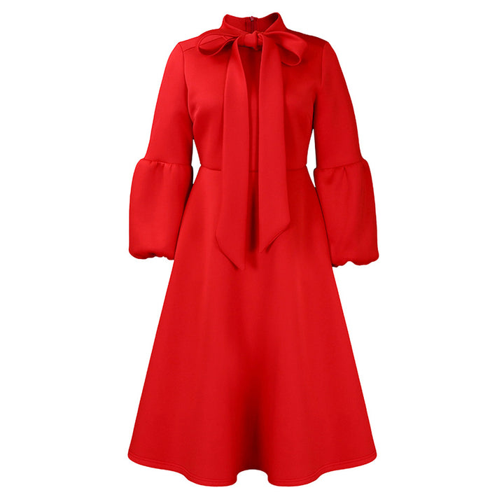 Damen Midi-Dress mit langen Puffärmeln und eleganter Schleife Drune
