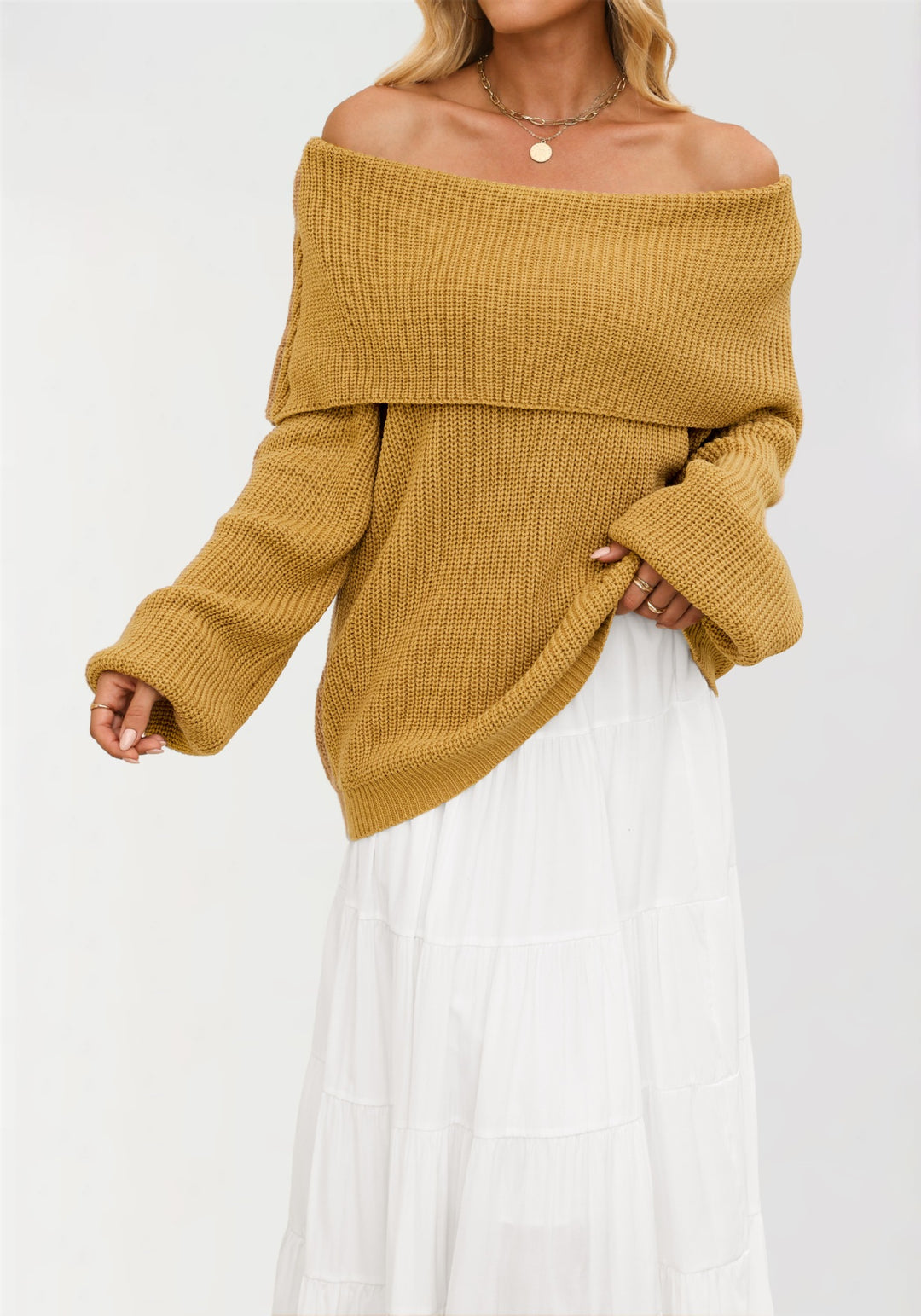 Damen Off-Shoulder Strickpullover mit strukturierter Oberfläche Drune