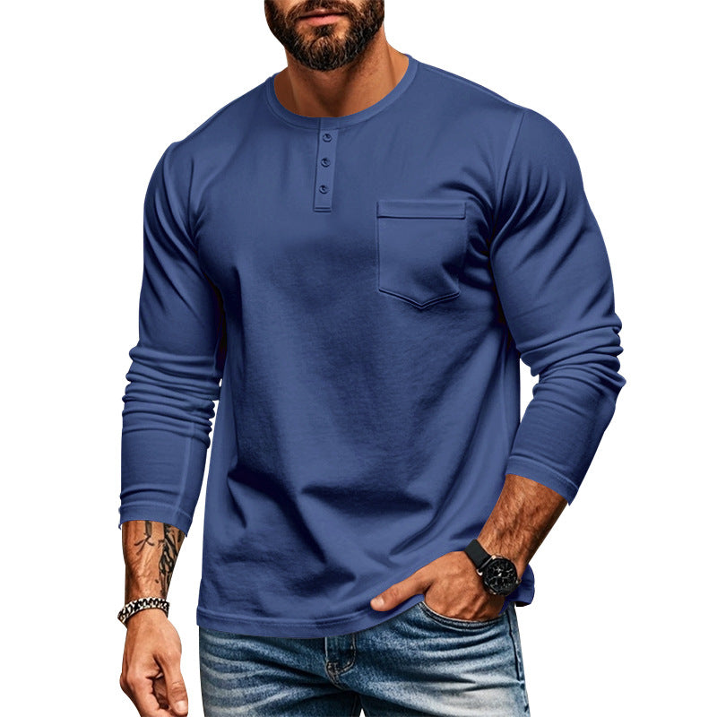 Herren nan schlankes Langarm-Buttonshirt mit kurzer Knopfleiste und Brusttasche Drune