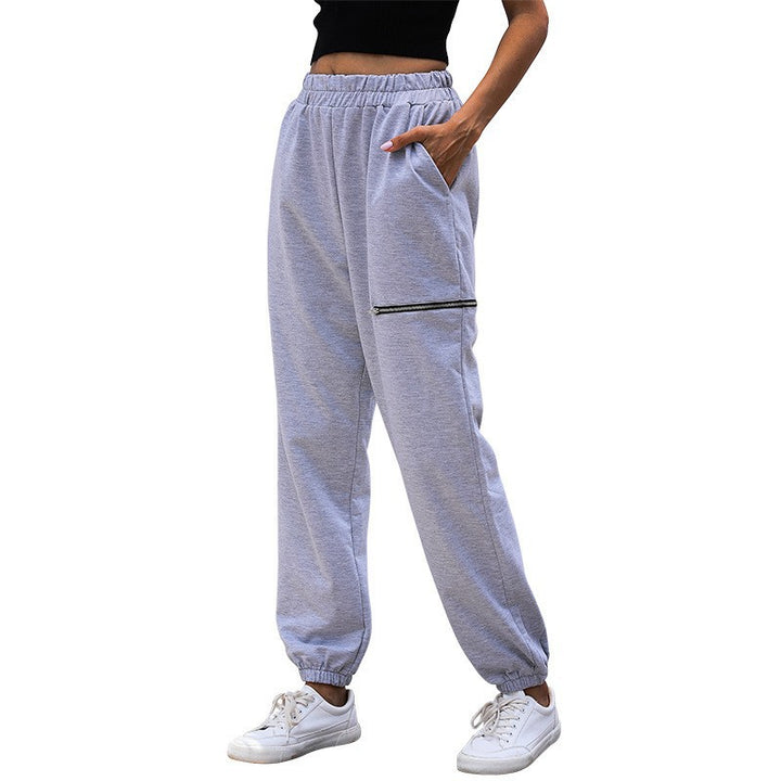 Damen Lässige High-Waist Sweathose mit Reißverschlusstasche und elastischem Saum Drune