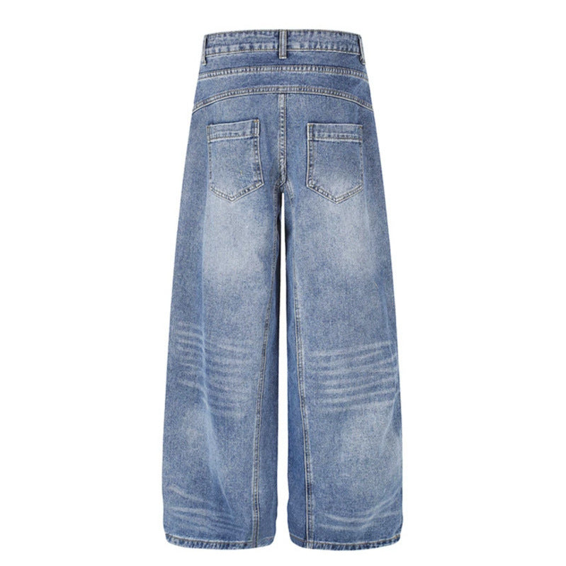 Damen Jeanshose mit weitem Culotte‑Schnitt, asymmetrischem Doppelbund und Kontrast-Seitenbahnen Drune