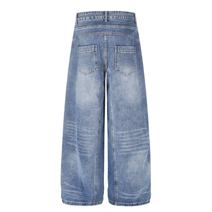 Damen Jeanshose mit weitem Culotte‑Schnitt, asymmetrischem Doppelbund und Kontrast-Seitenbahnen Drune