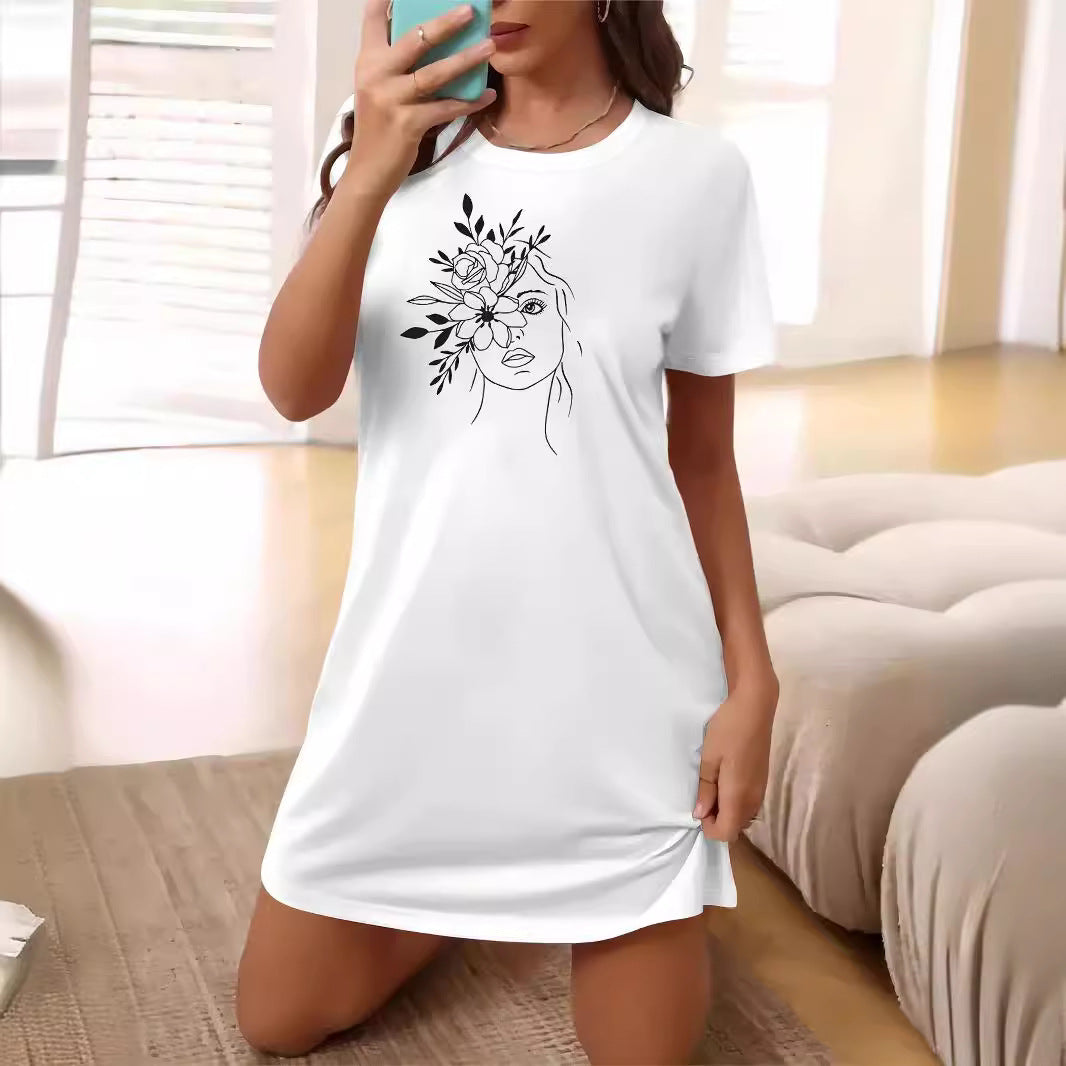 Damen T-Shirt-Kleid mit künstlerischem Blumenmotiv und figurbetontem Schnitt Drune