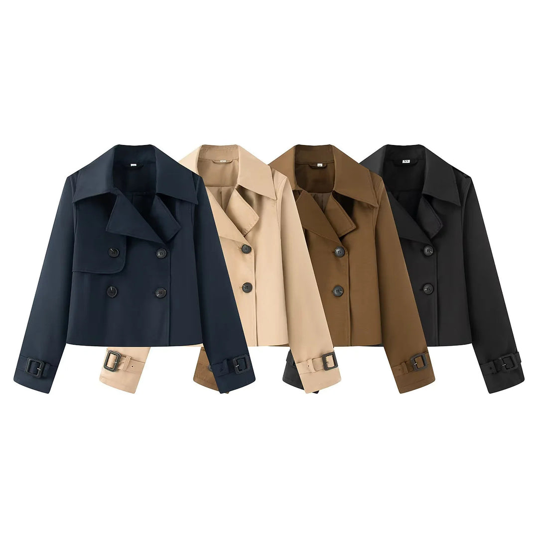 Damen nan kurz geschnittener Cropped Trenchcoat mit doppelreihiger Knopfleiste und verstellbaren Ärmelriemen Drune