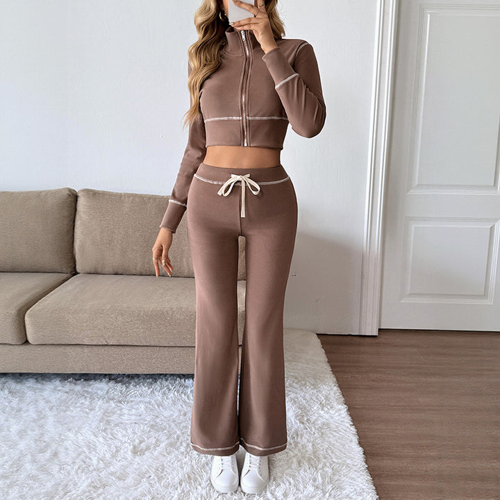 Damen Elegantes Sportliches Set mit hohem Kragen und elastischem Bund Drune