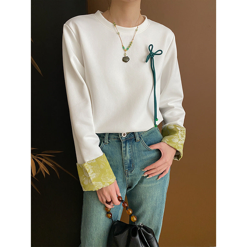 Damen modisches Langarmshirt mit floralem Kragen und dekorativem Detail Drune