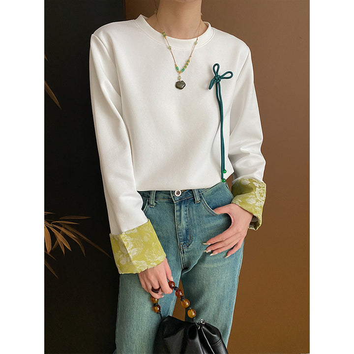 Damen modisches Langarmshirt mit floralem Kragen und dekorativem Detail Drune