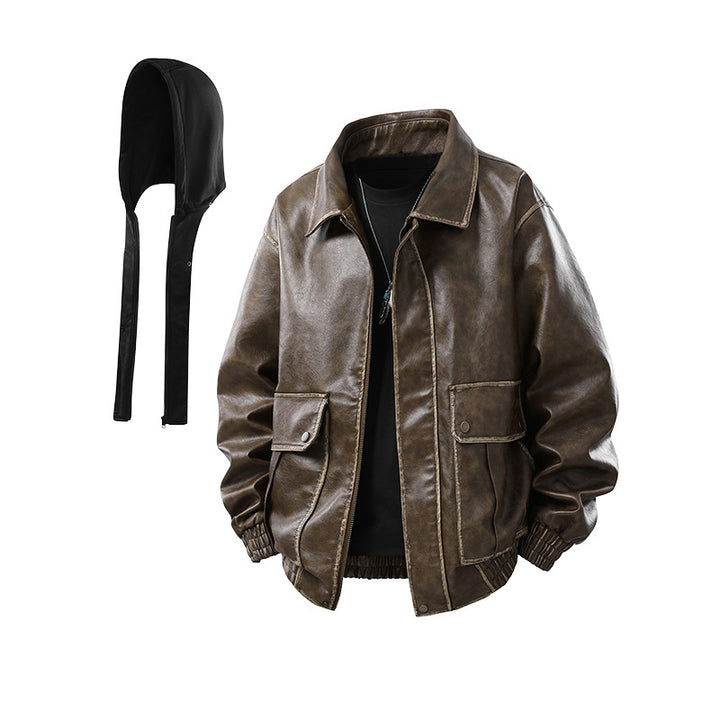 Herren Oversized Faux‑Leather Bomberjacke mit abnehmbarer Kapuze und Utility‑Taschen Drune