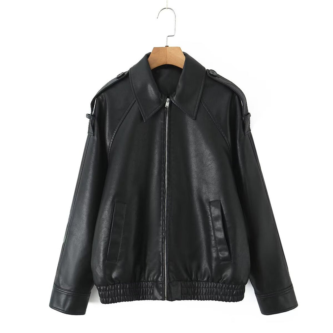 Damen Oversized Lederimitat-Flightjacke mit Bonded-Kragen, Schulterklappen und elastischem Saum Drune